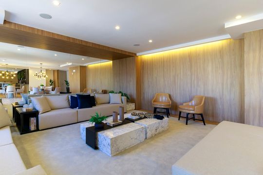 Comprar apartamento mobiliado no Jardim das Acácias com 2 quartos e varanda. Churrasqueira no condomínio. — Área comum - Salão de festas