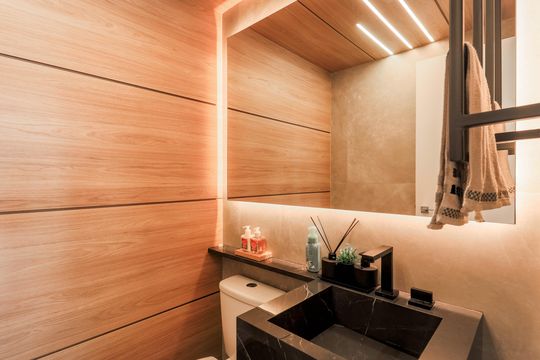 Comprar apartamento mobiliado no Jardim das Acácias com 2 quartos e varanda. Churrasqueira no condomínio. — Lavabo
